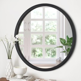 JJUUYOU Round Mirrors for Wall 20 Inch Hanging Circle Mirror for Bathroom, Black Wall Mounted Wood Frame Mirror for Living Room, Bedroom, Washroom, Dorm