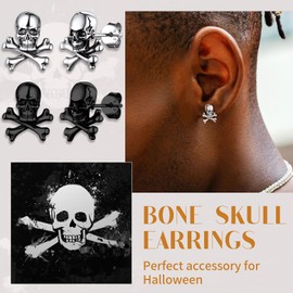 Suplight 925 Sterling Silver Black Skull Cross Bones Earrings, Retro Punk Rock Gothic Holloween Earrings Skeleton Jewelry Women Mens Pirate Skull Earrings