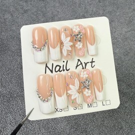Handmade Press on Nails Medium Square Fake Nails Nude White Summer 3D False Nails Luxury Rhinestone Cute Flower Full Cover Stick on Nails Glue on Nails Acrylic Nails for Women Girls (White Flower M)