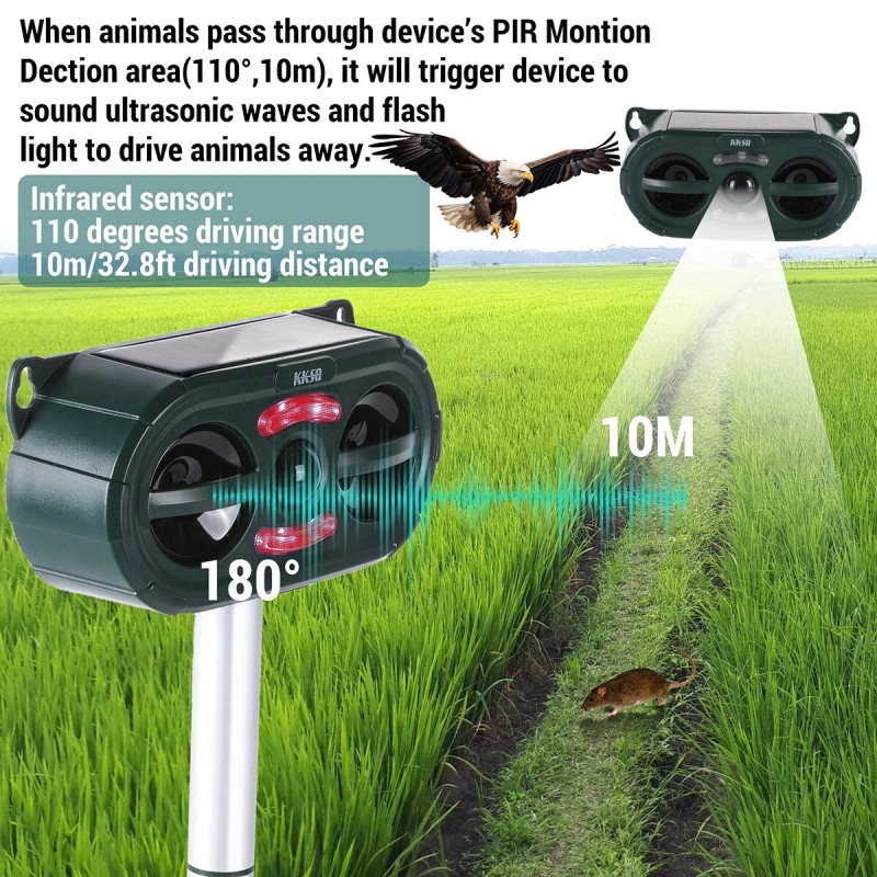 Repelente de animales ultrasónico solar para gatos, ardillas, ciervos, mapaches