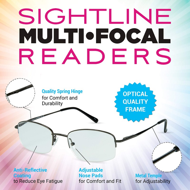 Sightline 6002 Progressive Multi Focus Reading Glasses Lightweight Semi-Rimless Gunmetal
