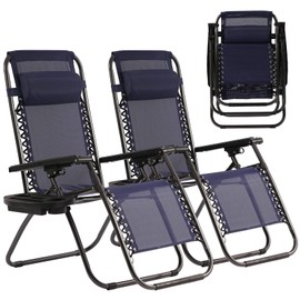 Pazidom Zero Gravity Chair Set of 2, Folding Lounge Chair Adjustable Reclining Chair Camping Lawn Chair w/Pillow and Cup Holder Tray, Folding Chair Outdoor Chair - Comfortable & Breathable, Blue