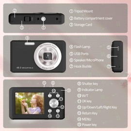 SLRNQJA SLRNQJA Digital Camera, FHD 1080P Compact Camera with 32GB Card48MP Camera 2.4' LCD 16X Digital Zoom for Kid Student Children Teen Girl Boy(Black)
