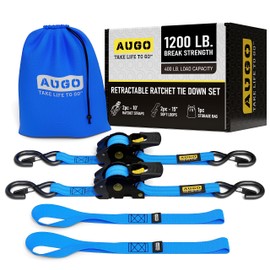 AUGO Retractable Ratchet Straps | 2 Heavy Duty Ratchet Straps Self Retractable Tie Downs with Soft Loops & Storage Bag for Motorcycle, Truck, Trailer, Cargo Van | 1200 Lb Break Strength 1” x 10’
