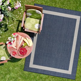CAMILSON Outdoor Rug - Modern Area Rugs for Indoor and Outdoor patios, Kitchen and Hallway mats - Washable Outside Carpet (9x12, Bordered - Blue/White)