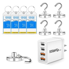 Cruise Essentials – 4 Luggage Tag Holders Carnival Princess MSC NCL, Cruise Compliant Travel Power Adapter, 5 Strong 80lb Magnetic Hooks for Cruise Cabins