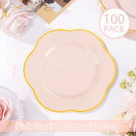 Liacere 100PCS Pink Plastic Plates - Pink Plastic Dinner Plates - Floral Disposable 10inch Heavy Duty Pink and Gold Dinner Plates, Perfect for Wedding & Party & Holiday