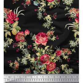 Soimoi Black Velvet Fabric Leaves,Red Berries & Rose Floral Print Fabric by The Yard 58 Inch Wide