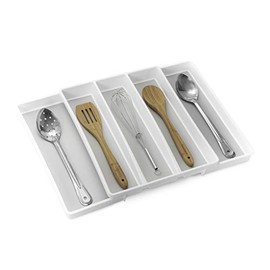Smart Design Expandable Plastic Drawer Organizer - 5-Compartment - Non-Slip Lining & Feet - BPA Free - Utensils, Flatware, Office, Personal Care, or Makeup Storage - Kitchen [White w/Gray]