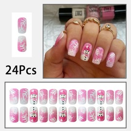 Christmas Press on Nails Short Fake Nails with Snowflakes Cute Snowman Designs Glue on Nails Press ons Pink Gradient Glitter French Tips Acrylic Nails Stick on Nails False Nails for Women Girls 24 Pcs