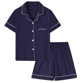 Umeyda Kids 100% Cotton Pajamas Set Big Boys 2 Pcs Pj Short Sleeve Sleepwear Button-Down Cute Nightwear,Navy,for Ages 7-8 Years = Tag 140