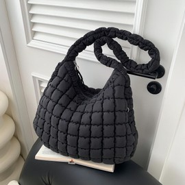Quilted Tote Bag for Women Large Puffer Carryall Bag Lightweight Puffy Padding Hobo Shoulder Bag Crossbody Ladies Purse (Black)