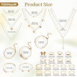 23Pcs Gold Jewelry Set for Women, Fashion Gold Plated Jewellery Set, Adjustable Stackable Rings Necklace Set Multi Layered Bracelets Set for Women Valentine Anniversary Birthday