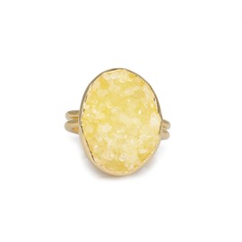 Dazzle Appeal Natural Agate Geode Quartz Oval Crystal Druzy Gold Ring for Women Men Statement Ring Collet Stone Size Approximately 15 * 20mm (Yellow)