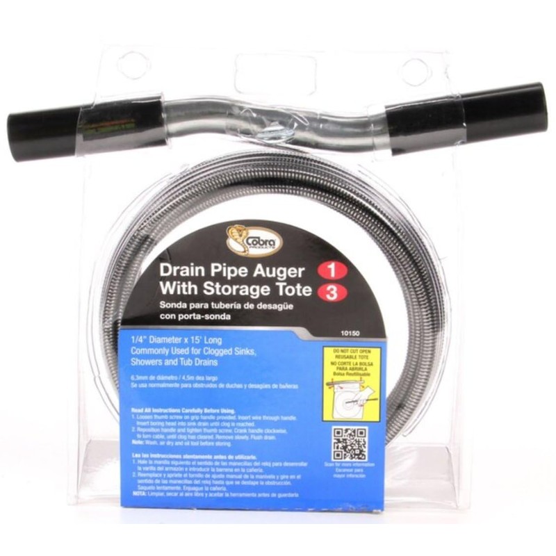 Cobra 10150 Drain Pipe Auger 1/4" x 15' Cable with