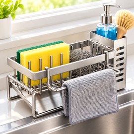 Stainless Steel Sink Cleaning Tools Storage Rack – Multifunctional Drainable Sponge Holder with Rag Hanger for Kitchen Sink & Countertop