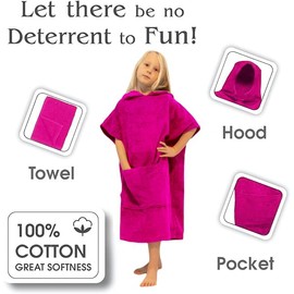 ALLEN & MATE Kids Swim Changing Robe - Quick Dry 100% Terry Cotton Beach Poncho Towel with Hood & Pocket for Boys & Girls (10-13 Years, Pink)