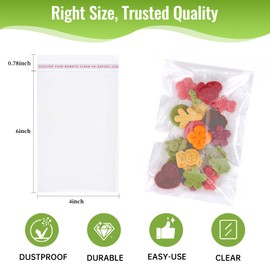 Cookie Bags 4x6 Inch Clear 200 Pcs, Self Seal Cellophane Bags Food Grade, Resealable Transparent Treat Wrappers for Cookies Candy Snacks Birthday Wedding Party Favors
