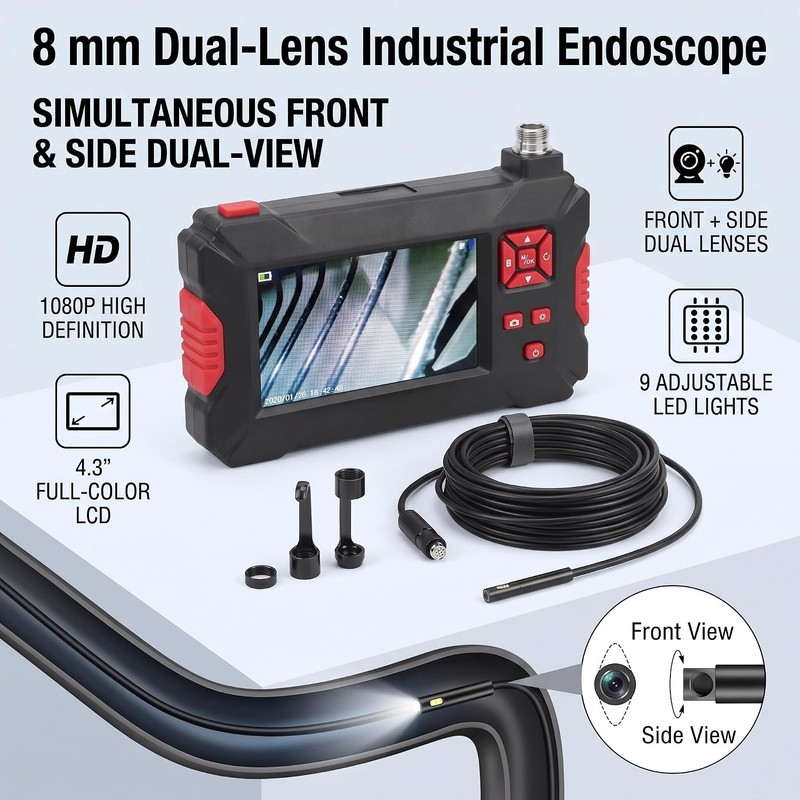 Endoscopio Industrial Doble Lente 10M con LCD 1080p y 9