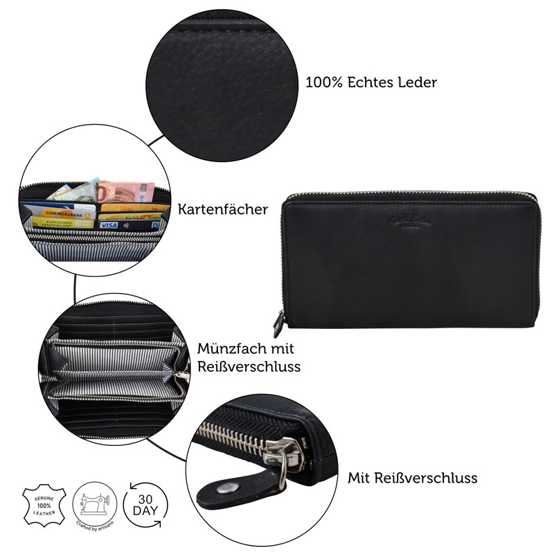 Gusti Iris Women's Leather Wallet Vintage Leather, black, Retro