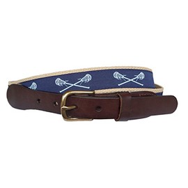 No27 Mens Light Blue Lacrosse on Navy Ribbon and Khaki Leather Belt, Leather Tab and Buckle, Carolina Lacrosse Leather Belt