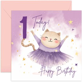 Old English Co. First Birthday Card for Girl - Happy 1st Birthday - Age 1 - One Year Old - Cute Ballerina Cat Animal Themed Birthday Card for Daughter, Niece, Granddaughter, Goddaughter