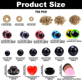 792PCS Plastic Safety Eyes and Noses Kit with Washers, 5mm to 14mm Assorted Colors Safety Eyes Noses for Plush Dolls, Eye Noses Set for Stuffed Animals Crochet Dolls DIY Crafts Making Supplies