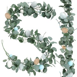 Zeyune 1 Pcs 6ft Long Easter Artificial Garland with Eggs Spring Mixed Eucalyptus Garland Farmhouse Hanging Rustic Easter Garlands Decor for Front Door Kitchen Fireplace Home Indoor Outdoor