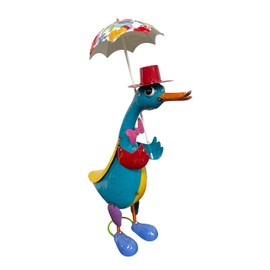 Colorful Metal Blue Duck Statue Holding Floral Umbrella Wearing Top Hat and Bow Tie, Outdoor Garden Decor, Patio and Lawn Ornament Figurine, Indoor Home Decoration, Gift, Yard Art