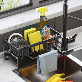 ViWaVee Sink Kitchen Organiser, Sink Organiser with Self-Draining Drain Tray for Sponge Holder, Towel Holder, Dish Cloth Holder, Super Organiser for Kitchen and Bathroom. (Black)
