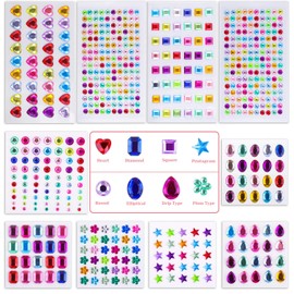 Self Adhesive Rhinestones, Cridoz 735Pcs Craft Gems Self Adhesive Jewels Stickers Crystal Jewels and Gems for Crafts (12 Sheets Assorted Shapes and Sizes)