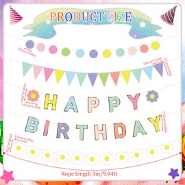 Macaron Happy Birthday Banner, Pre-Strung Pastel Rainbow Birthday Party Bunting Banner Daisy Decorations Pennant for Girls Women Baby Shower Bridal Shower