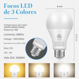Bombillas LED A19 de 3 colores con luz suave y cálida, blanca cálida y de día, foco que cambia de color, foco multicolor, 9 W (equivalente a 60 W,