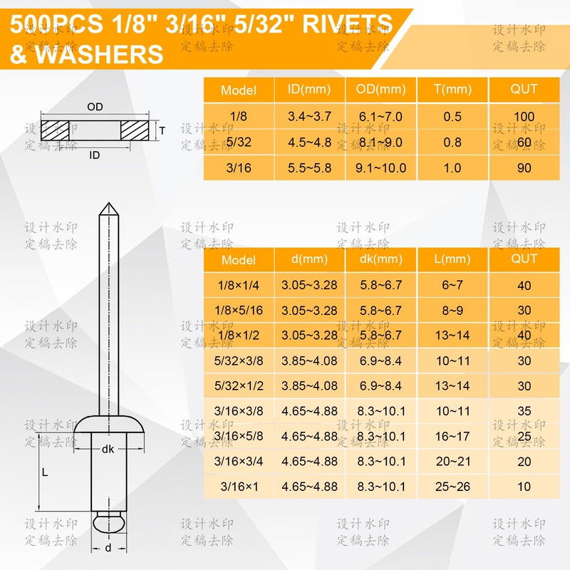 500Pcs 304 Stainless Steel Pop Rivets Kit, 9 SAE Sizes,