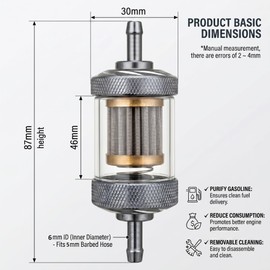 3/16" 6mm Universal Inline Fuel Filter, High Strength PC Clear View Fuel Filter with Stainless Steel Mesh for Motorcycle ATV Dirt Bike Classic Bike Small Gasoline Engine Silver
