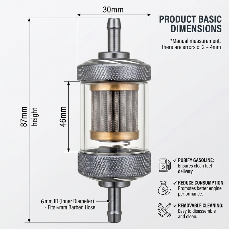3/16" 6mm Universal Inline Fuel Filter, High Strength PC Clear