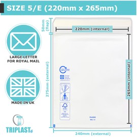 Triplast White Bubble Padded Envelopes - Pick Qty & Size: 20 x 5/E (220x265mm) Bubble Mailers - Large Letter Envelopes with Bubble Wrap Lining and Peel & Seal Strip for Royal Mail Shipping & Postage