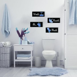 FENCORDAR 4 Pcs Blue Bathroom Decor Funny Blue And Black Wall Art Wooden Bathroom Accessories Modern Glitter for Home Toilet Decoration 10x4 Inches