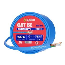 Syston Cable Technology Cat 6E Ethernet Network Cable - 250 FT，600MHz 23AWG Solid Bare Copper Wire Outdoor/Indoor, Bulk No Ends 10 Ft to 1000 Ft Available, Heat Resistant Riser Rated - CMR