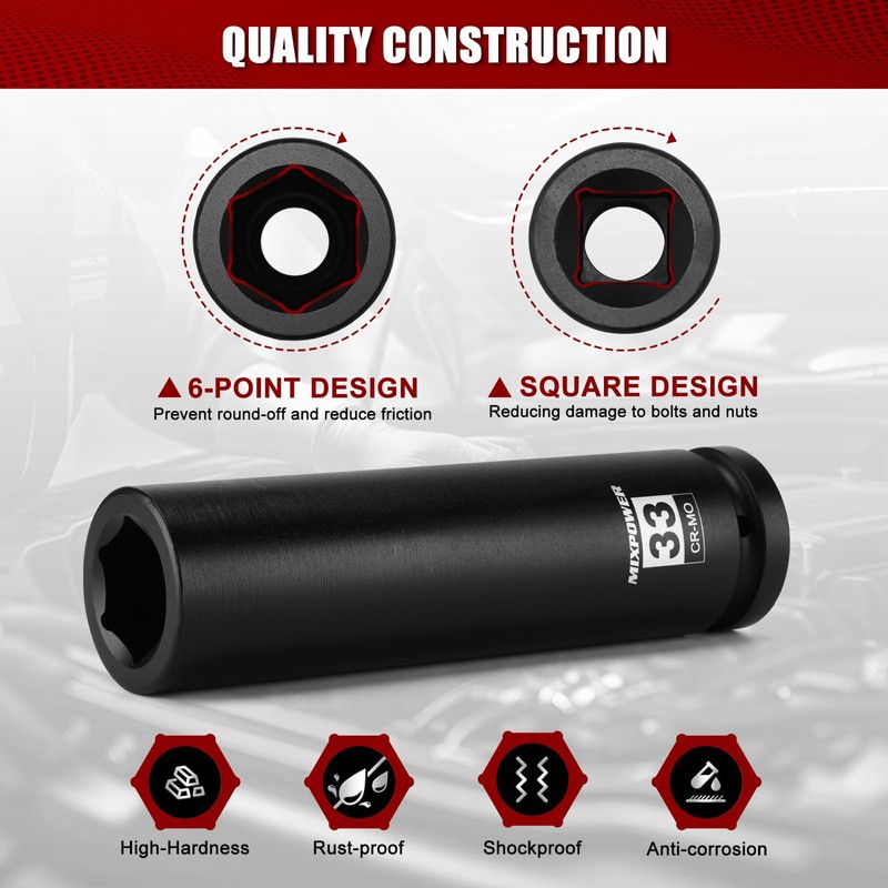 MIXPOWER 1" Drive 33mm Extra Deep Impact Socket,8-Inch Long,6-Point,Metric,Truck Wheel