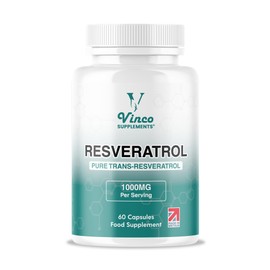 Vinco Resveratrol 1000mg - 60 Capsules - 100% Pure Trans-Resveratrol Supplement for Cellular Health and Cardiovascular Wellness - Non-GMO & Gluten Free - Made in The UK