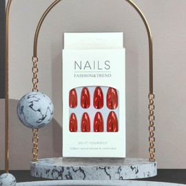 Red Chrome Press on Nails Glossy Fake Nails with Mirror Metal Design Sparkly Gel Glue on Nails Medium Almond Acrylic Stick on Nails for Coquette Women Plating Manicure Art 24Pcs