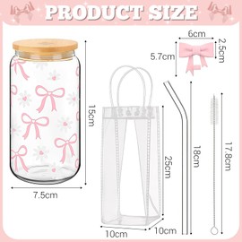 Yamobi Clean Girl Aesthetic Glass with Lid and Straw, Gift Bag with Cute Pink Bow, Includes Straw and Cleaning Brush, Birthday Gift for Girlfriend, Mum