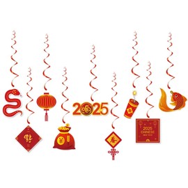 Fyeoxle 9 Pack Chinese Lunar Year Hanging Swirls 2025 New Year Happy New Year Hanging Swirl Chinese Ceiling Hanging Decor Chinese New Year Banner for Snake Year Spring Festival Party Supplie