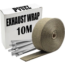 10M Exhaust Heat Wrap, PVUEL Thermal Insulation Wrap, Fiberglass Heat Shield Titanium Exhaust Tape Roll with 10 Stainless Steel Cable Ties(4.6x300mm), for Motorcycle and Car Pipe Manifolds (Gold)