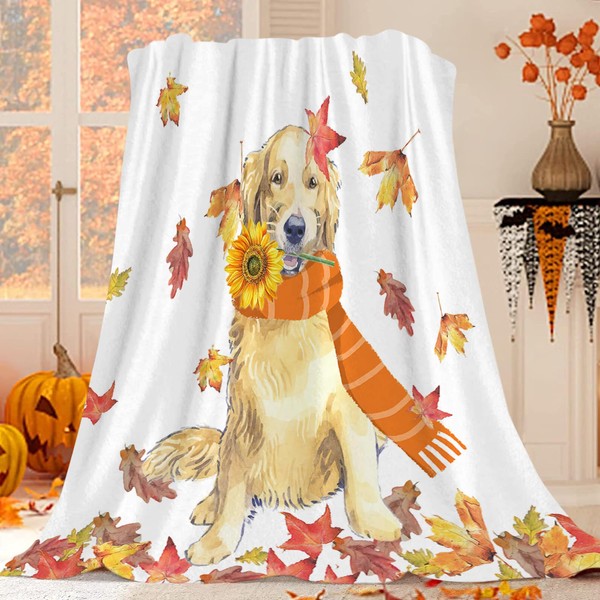 JOOCAR Golden Retriever Throw Blanket Autumn Happy Dog Fall Leaf