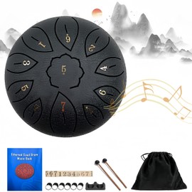 Steel Tongue Drum - 6 Inch 11 Notes, Rain Drum for Outside with Drum Bag, Music Book, Drum Mallets, Musical Education Entertainment Meditation Yoga Zen Gifts (Black)