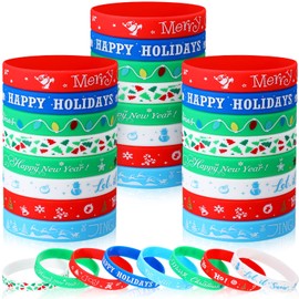 48 Pieces Christmas Silicone Bracelets Wristband Xmas Rubber Bracelet Merry Christmas Wristbands for Kids Adults Stocking Stuffers Gifts Christmas Holiday Party Supplies Favors, 8 Style (Fresh Style)