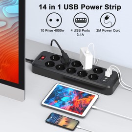 Steckdosenleiste überspannungsschutz(4000W 16A),KEPLUG Mehrfachsteckdose mit 3 USB, einzeln schaltbar wandmontage kindersicherung,Steckdose mit 2 m Kabel (4AC)