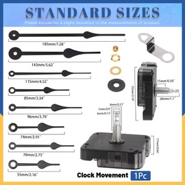 Glarks 12pcs 28MM Black High Torque Long Shaft Clock Movement Mechanism Kit Includes 1pcs Clock Movements with 1pcs Hooks, 4 Different Pairs Clock Hands, 4pcs Mounting Hardware, 2pcs Clock Numerals